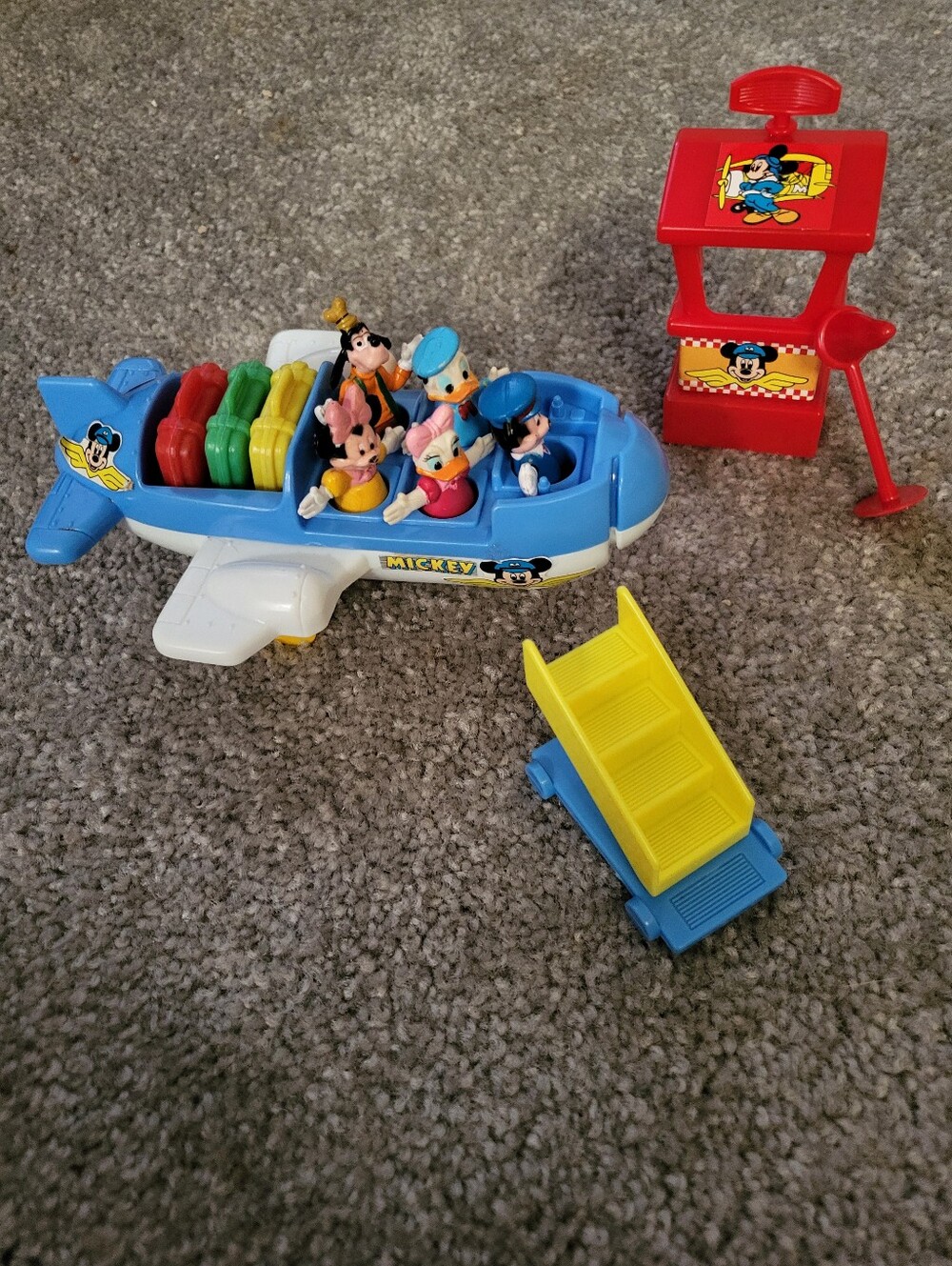 Vintage Disney Blue Airplane Playset with Yellow Stairs and Red Kiosk